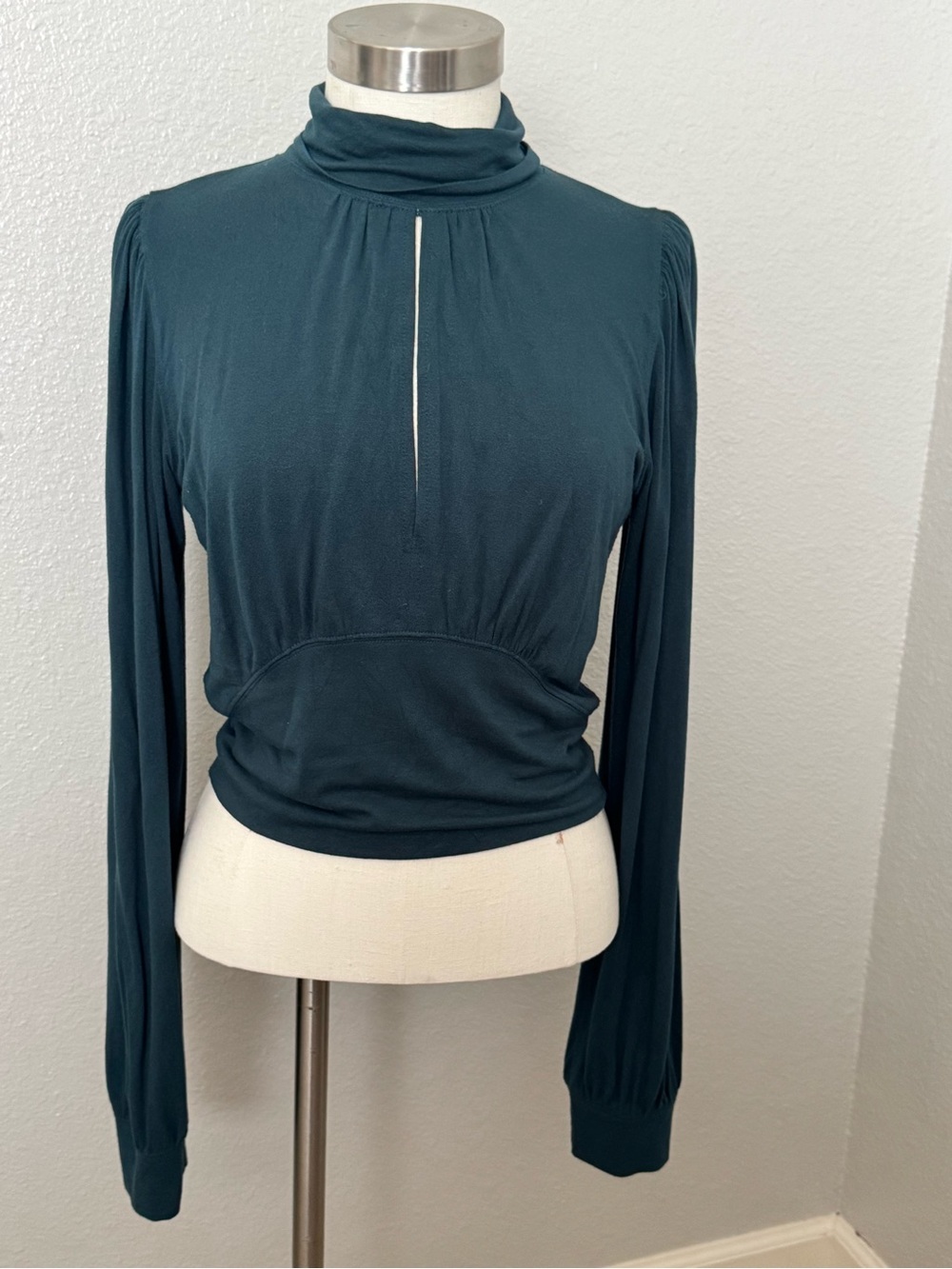 Free People Teal Long Sleeve Mock Neck Top with Front Keyhole